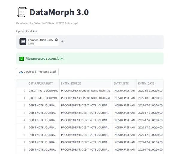 Data Morph screen showing an uploaded Excel file processed into a structured table of journal entries.