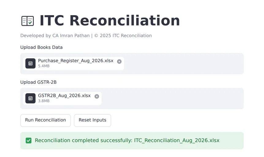 ITC Reconciliation screen showing books data and GSTR-2B as inputs with a completed reconciliation.